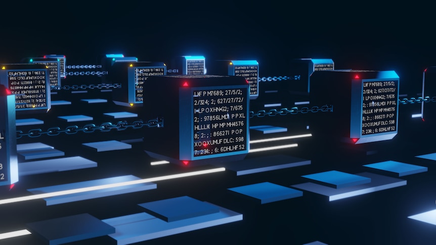 A 3D animated graphic representation of a blockchain series.